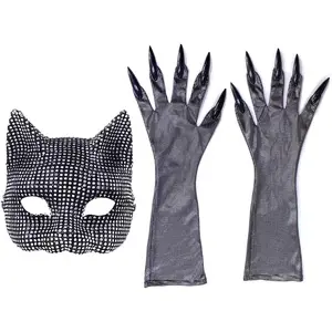 Christmas Day Halloween Rhinestone Woman Mask Gloves Sets Cosplay Cat Costume Half Face Cat Mask, Long Gloves with Black Pointed Nails