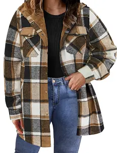 Plus Size Women Flannel Plaid Shacket Jacket Long Sleeve Button Down Fleece Hooded Jackets Fall Winter Coat