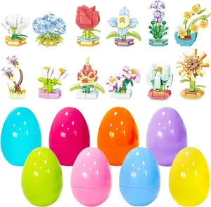 12 Pcs Easter Plastic Eggs with Flower Building Blocks Party Favors Egg Hunt Supplies Basket Fillers Classroom Prizes for Toddlers Kids Easter Birthday Gifts