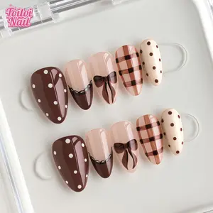 Bow Plaid Handmade Press-On Nails | Short Almond Shape, 10pcs | Cute Vintage Bow Plaid Design | Brown Base & Polka Dot & Plaid & Lace Edge & Hand Drawn Bow Accents | Reusable DIY Nail Kit for Women | Trendy Nails for Spring, Summer, Dates & Daily Wear