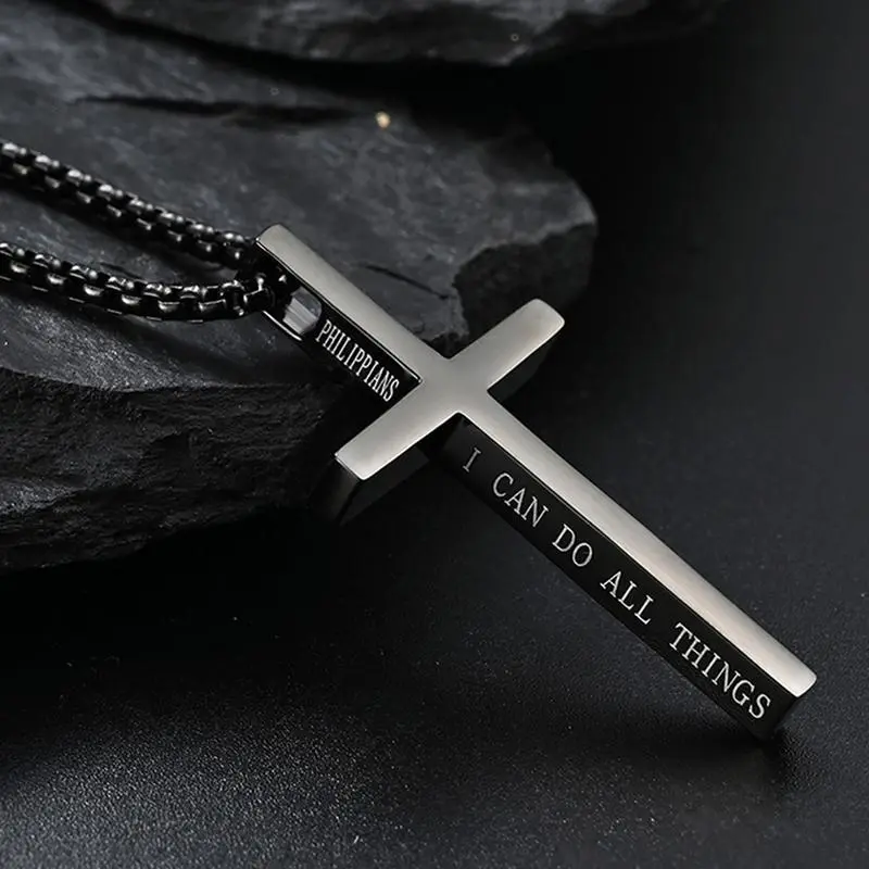 Christian Cross Necklace for Men, Durable Stainless Steel Pendant with Engraved Philippians 4:13 Bible Verse, 22-Inch Chain, Durable Fashion Accessory, Chrome Necklace, Cross Necklaces
