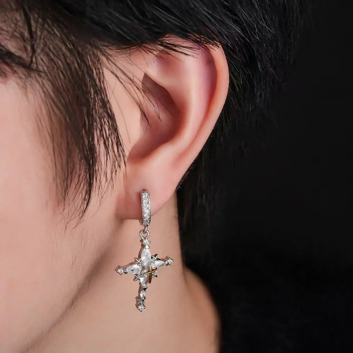 Unisex Fit Cool-Touch Rhinestone Cross Pendant Huggie Hoop Earrings, Cubic Zirconia Dark-Style Light Luxury Hip-Hop Streetwear Outfits Accessories, Long Lasting Shine, Hip Hop Style Earrings, Detachable