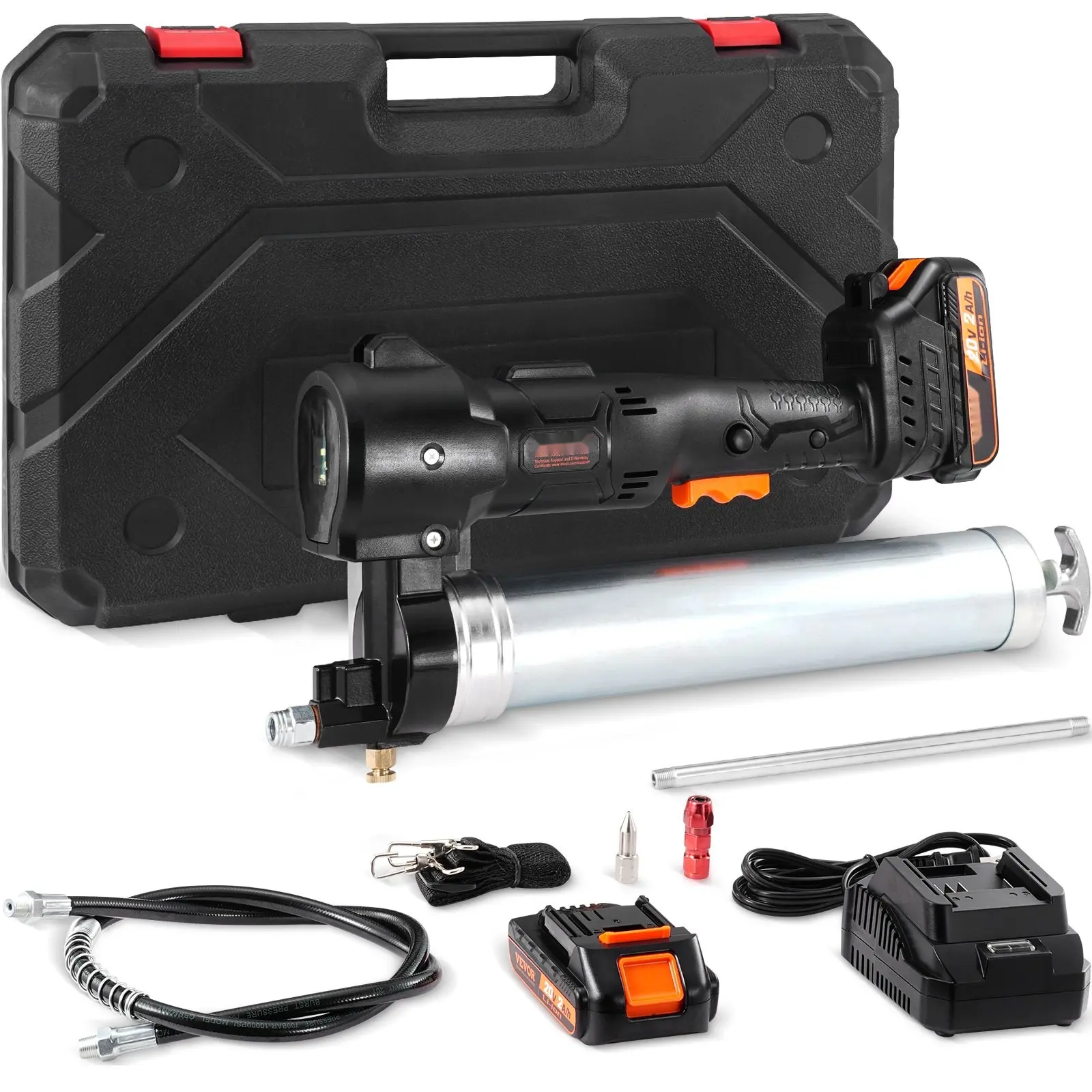 Cordless Grease Gun, 20-Volt, 10,000 PSI High-Pressure Electric Grease Gun Kit, 39-Inch Long Hose, Battery Powered with Carrying Case, Includes Two Batteries and Charger, Black Professional Grade