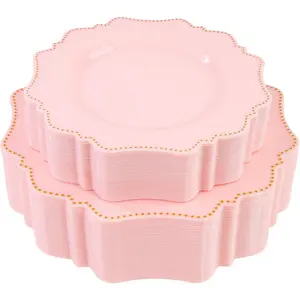 60Pcs Pink and Gold Plastic Plates Set, Gold Pink Disposable Party Plates, 30pcs Dinner Plates and 30pcs Salad/Dessert Plates for Wedding, Party, Anniversary, Daily Use,Valentine's Day