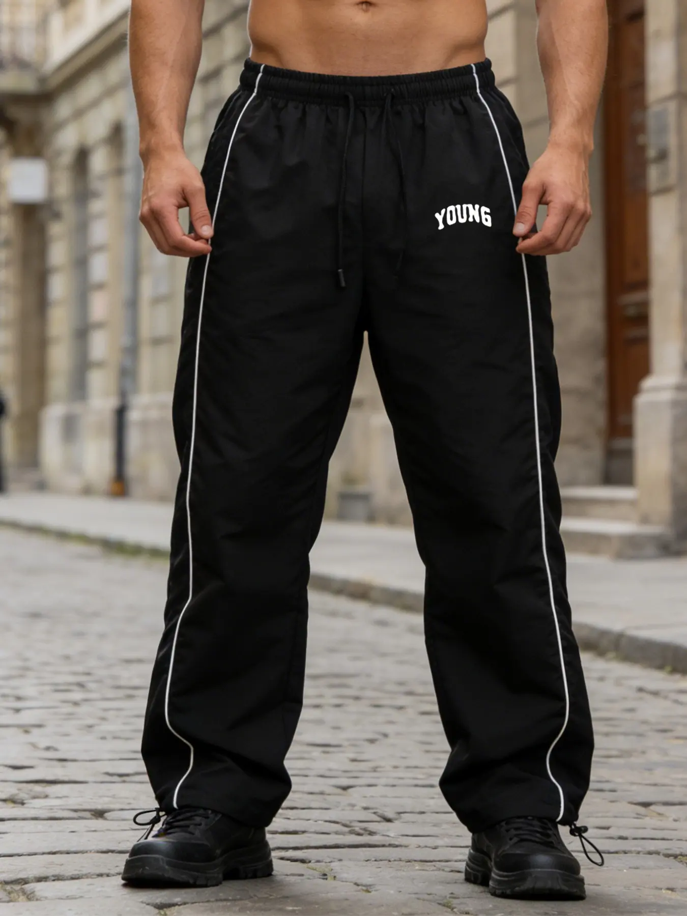 Men's Lightweight Comfortable Casual Sports Pants, Fashion Print Running Pants, Elastic Waist Drawstring Design, All Seasons, Athleisure Pants
