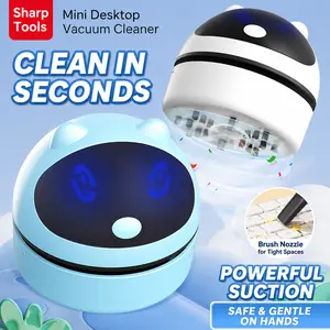 Cute Rechargeable Mini Desktop Vacuum Cleaner with LED Lights – USB-C Portable Desk Crumb Cleaner for Office, Study & Keyboard safety lock