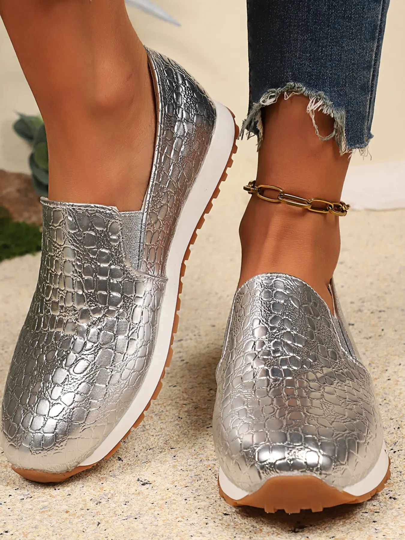 European Style Snake Pattern Slip-On Shoes Footwear, Thick Sole Retro PU Leather, over the Knee Casual Loafers for Women, All Seasons Comfort