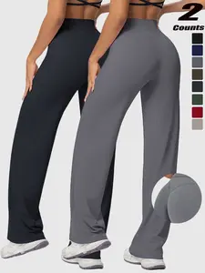 Women's High Waist Wide Leg Yoga Pants, Peach Butt Long Straight Leg Workout Pilates Fitness Quick-Dry Gym Wear, Casual Comfy Sporty, Polyester + Elastane,