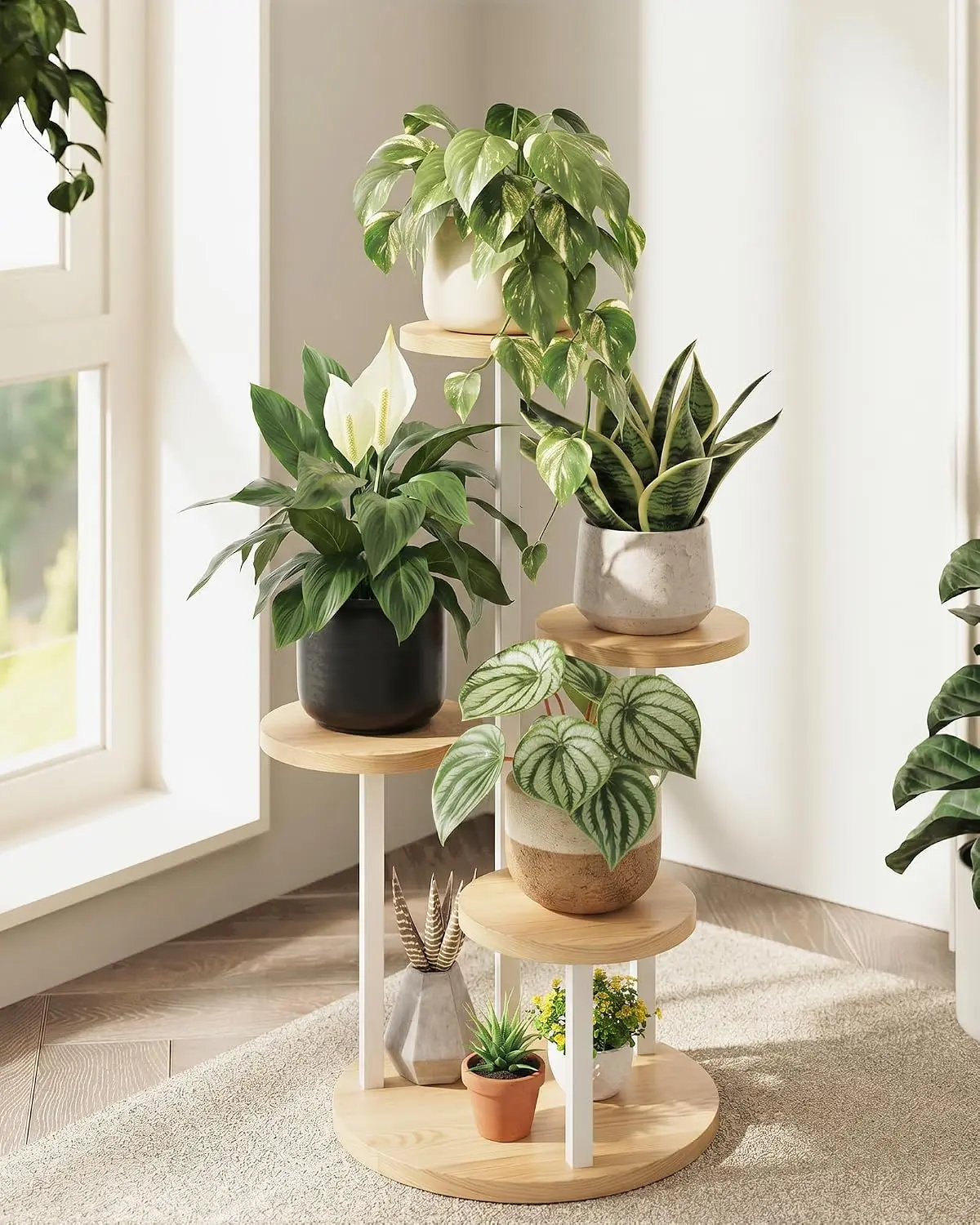Bamworld Plant Stand Indoor Wood Plant Stand 4 Tier White | plant holders for Multiple Plants Tall Corner Plant Stands for Outdoor Living Room Patio Garden Balcony