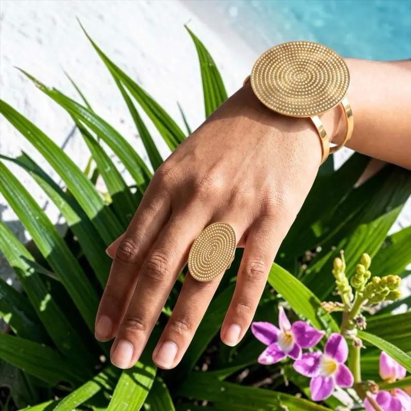 2PC Gold Statement Bracelet and Ring Set – Trendy Round Cuff Bracelets for Women