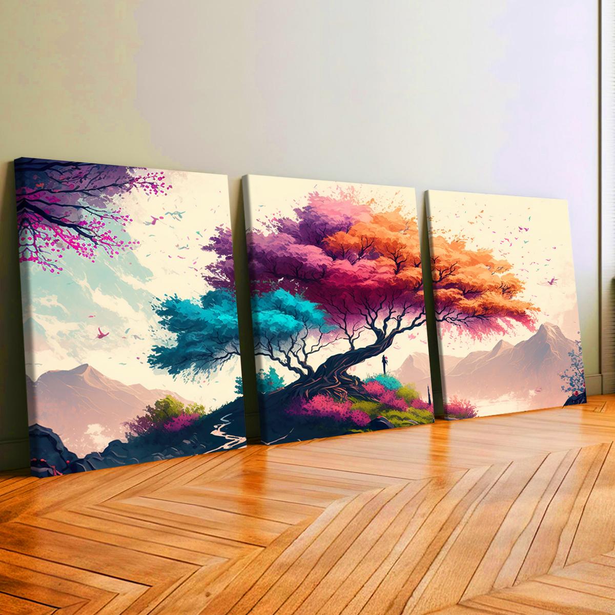3Pcs Wooden Framed Canvas Painting, Colorful Fantasy Tree And Mountain Landscape, Exquisite Poster, Home Decoration, Pattern Wall Art Decor, For Living Room, Bedroom, Office, Restaurant, Bar Wall Decor, Odorless, Painting, Print Artwork.