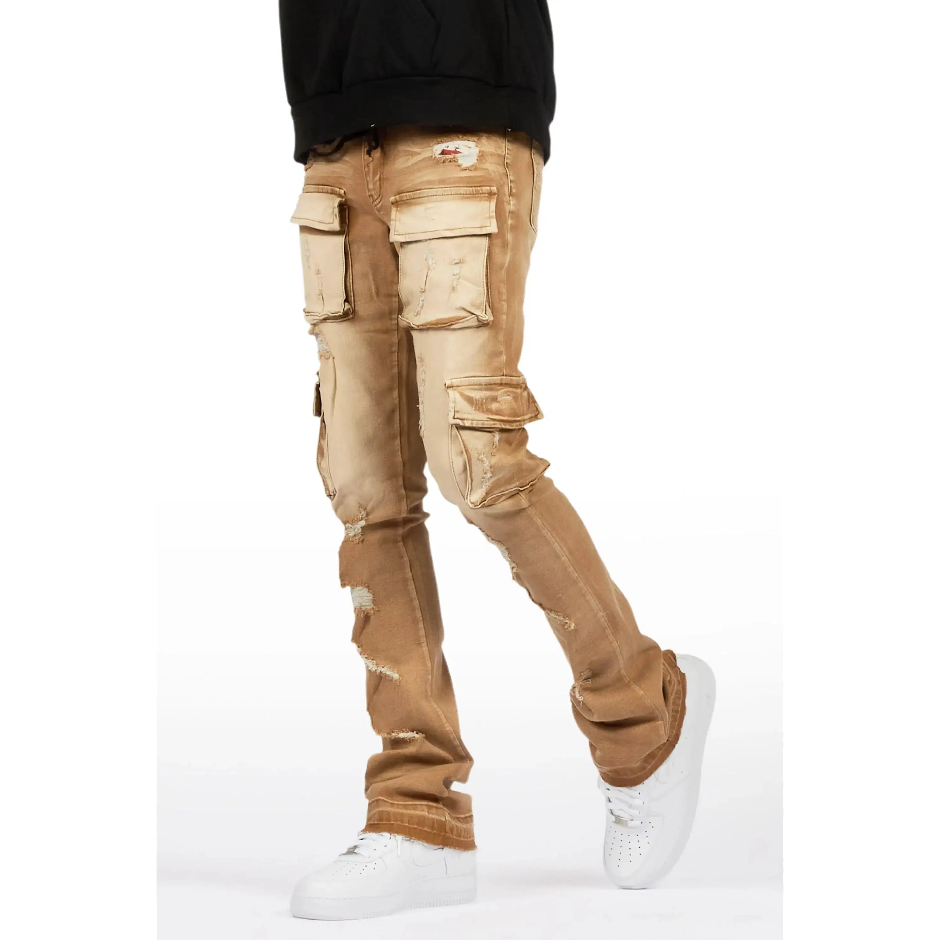 Zaid Washed Beige Stacked Flare Jean