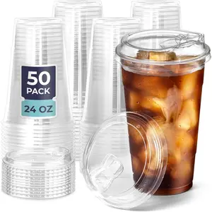 50 Pack 24 oz Clear Plastic Cups with Strawless Sip , Disposable Plastic Coffee Cups with , To Go Cups for Iced Coffee, Smoothies, Soda, Party Drinks, Bubble , Cold Beverage