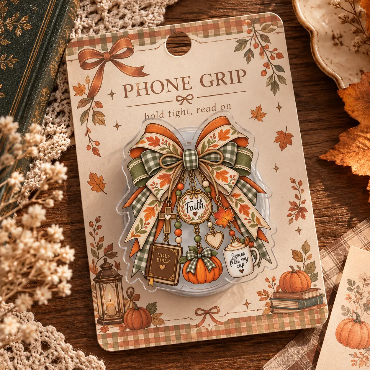 Christian Fall Bow Phone Grip, Faith Bible Cross Mobile Stand, Autumn Pumpkin Thanksgiving Gift For Her