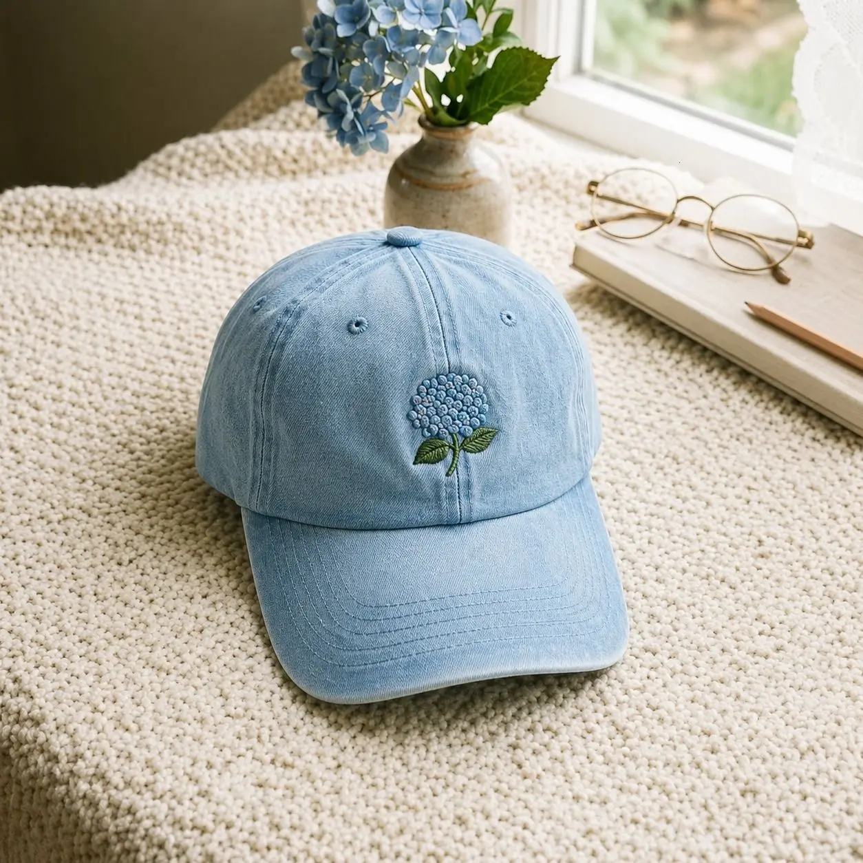Vintage Washed Cap Embroidered Blue Hydrangea Flower Hat, Washed Cotton Baseball Cap, Adjustable Unisex Vintage Dad Hat, Casual Floral Cap for Women Men, Cottagecore Aesthetic Gift, Everyday Outdoor Summer Travel Hat