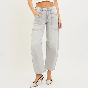 Patch Pocket Barrel Jeans - Mid Rise, Barrel-leg Silhouette, Stretchy & Comfortable, 93% Cotton, 5% Polyester, 2% Spandex, Perfect for Everyday Wear