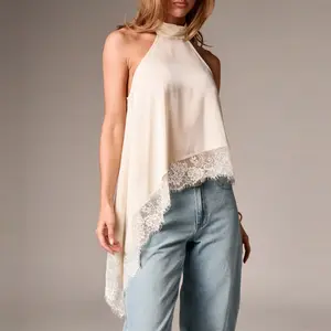 Women's Halter Top Summer Sleeveless Open Back Lace Trim Asymmetrical Hem Tank Tops