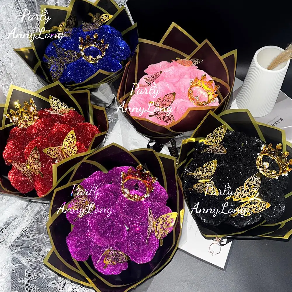 Glitter Rose Bouquet, 1 Count No Assembly Required Valentine's Day Wedding Anniversary Engagement Eternal Artificial Rose Bouquet, Glitter Rose Birthd