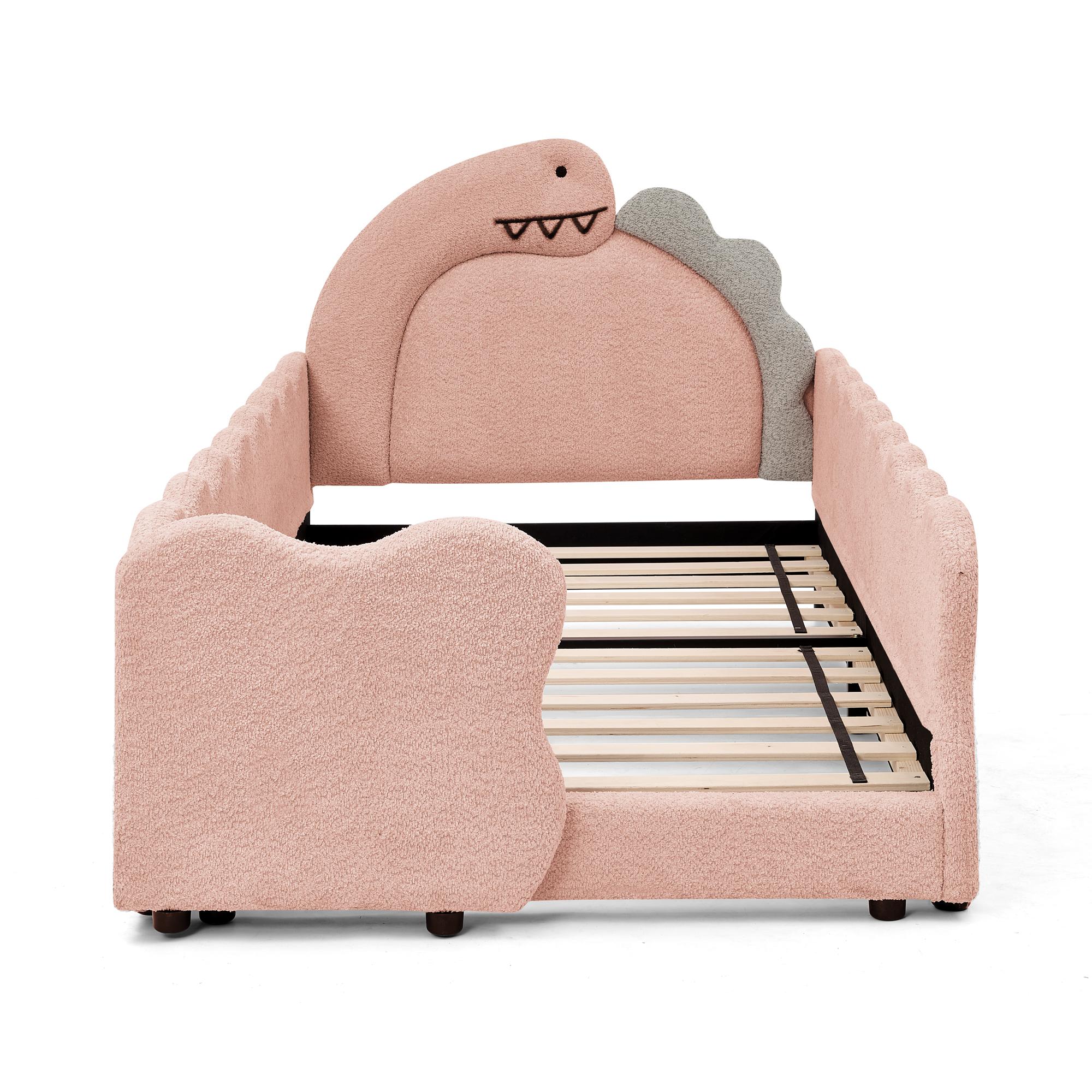 Twin Size Kids Daybed with Dinosaur-Shaped Headboard, Upholstered Boucle Fabric Bed with Safety Guardraild, Cute Kids Daybed for Girls Boys, Pink