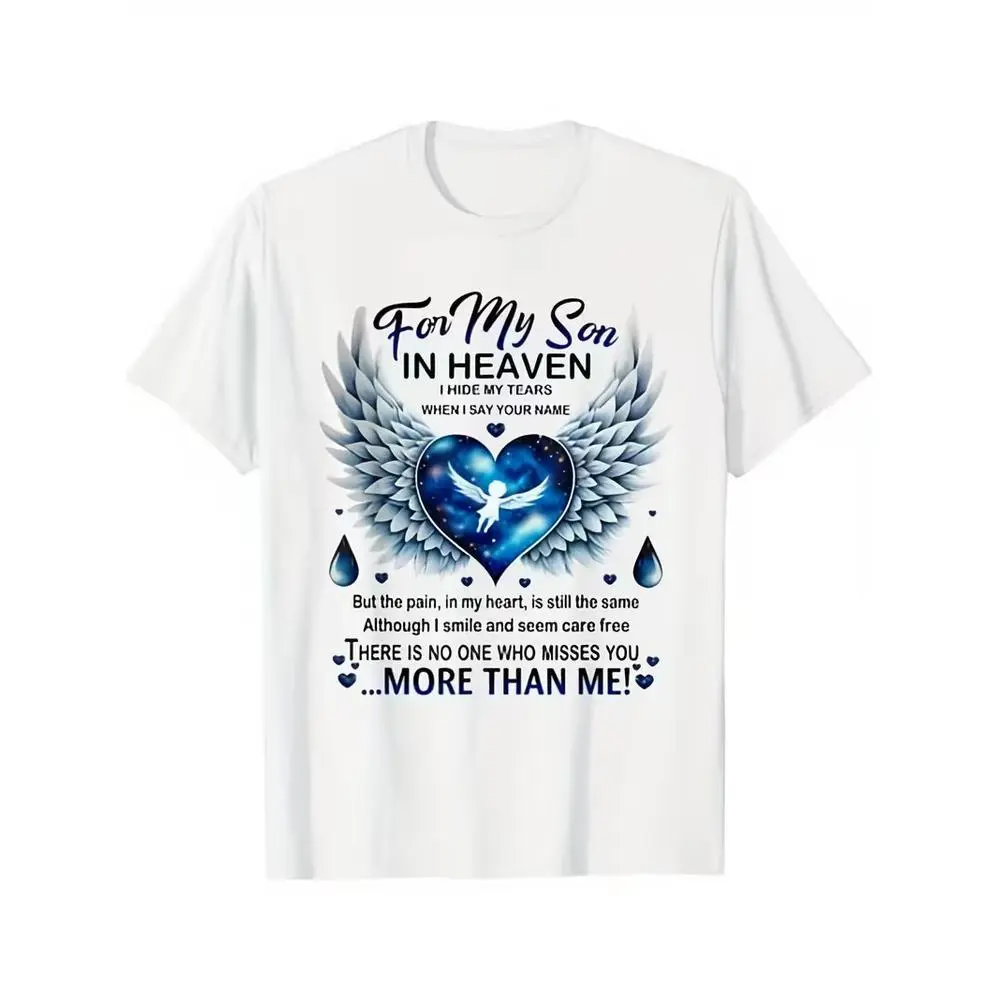 Memorial Son In Heaven Graphic T-Shirt, Angel Wings Remembrance Tee, Grief Tribute Short Sleeve Shirt Casual Classic