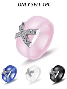 Couple Rings and Ceramic X Ring with Zircon Stone, Fashionable 8mm Ring, Stylish Jewelry for Couples