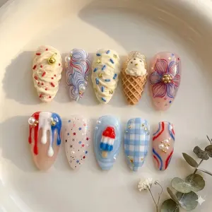 3D Ice Cream Press On Nails | Red White Blue Patriotic Gel Nails | Summer Reusable Nail Art Set