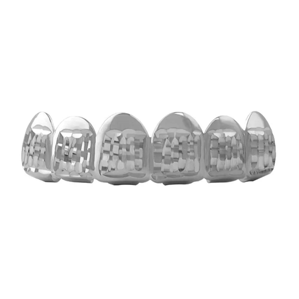 Diamond Cut Grillz Top Row, Hip Hop Style Rhodium-Plated Metal Mouthpiece with Easy Custom Fit Silicone Bar & Brush - No Mold Needed
