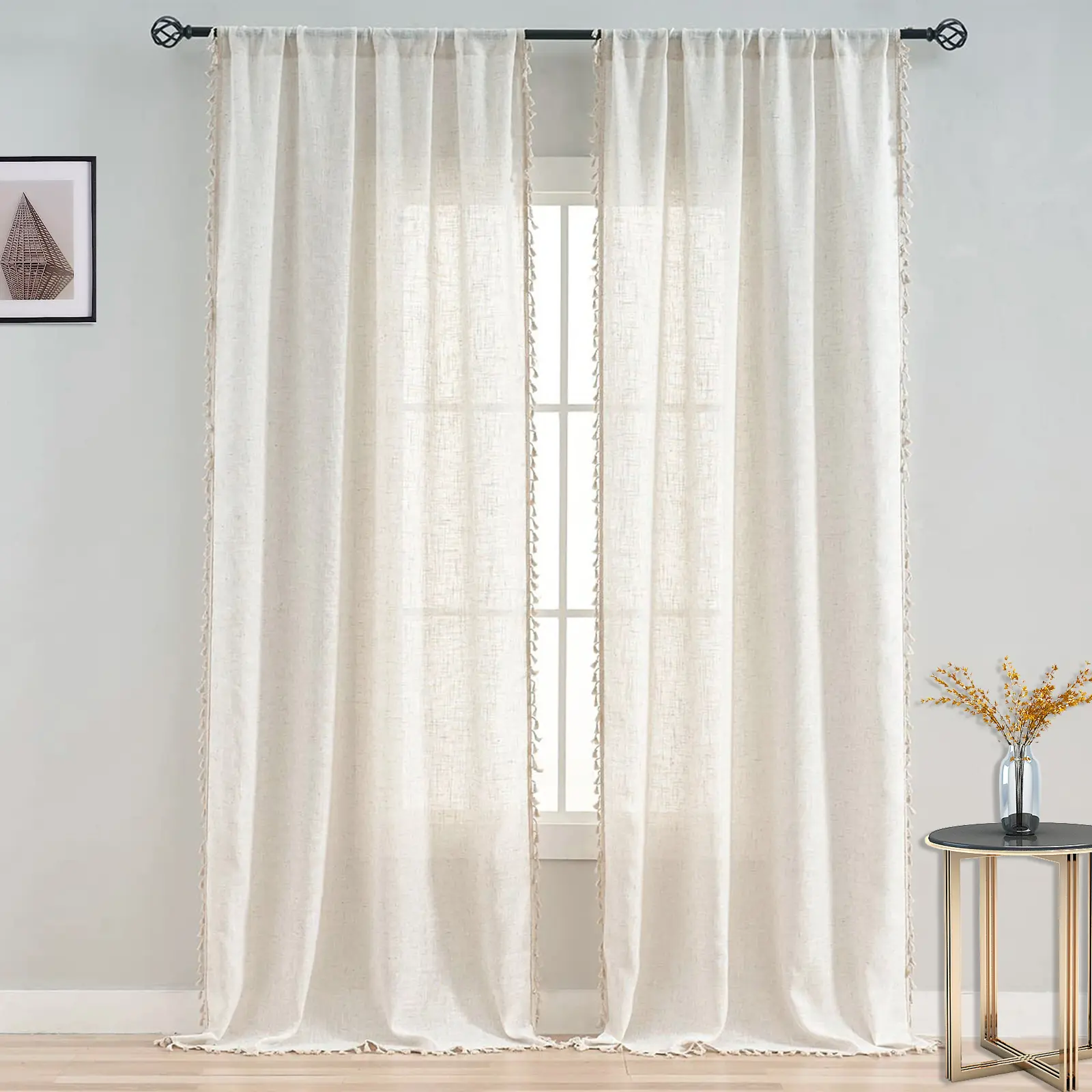 BTTO 1-Panel Modern Vintage Cream Flat-Woven Polyester Blend Sheer Tassel Curtain, Rod Pocket Semi-Sheer Door Drape, Multi-Size Home Decoration for Living Room, Bedroom, Home Decoration Curtain