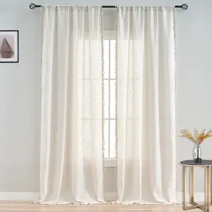 BTTO 1 Panel Vintage Cream Window Sheer Curtain Tassel Drapes Semi-Sheer Door Curtains for Living Room Bedroom Furniture Cover Home Party Wedding Proposal Decor Rod Pocket Home Textile Interior Decoration Accessories