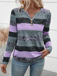 women's colorblock striped print button front tee, casual long sleeve polo neck t-shirt for daily wear, ladies clothes for all seasons