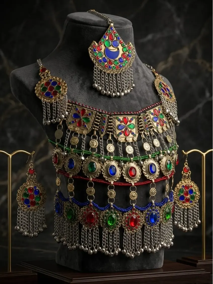 Afghan Kuchi Gold Necklace and Earring Set, Women's Bohemian Chunky Jewelry with Multicolor Gemstones, Ethnic Heavy Choker with Bling Effect for Festival Outfits, Necklaces For Women