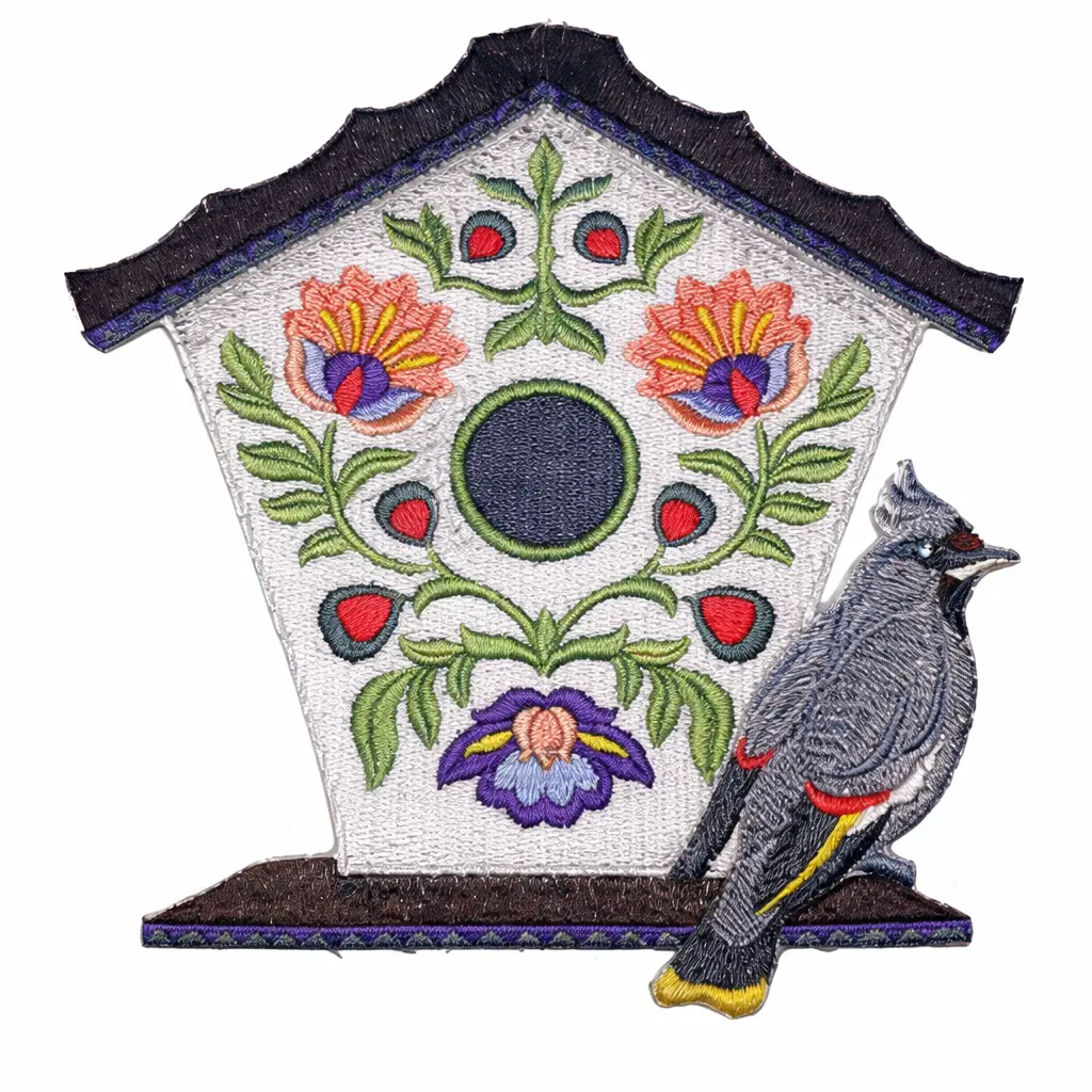 Polish Folk Art Birdhouse with Bohemian Waxwing Embroidered Patch – Iron-On or Sew-On Applique, 6.82" x 4.8", Made in USA