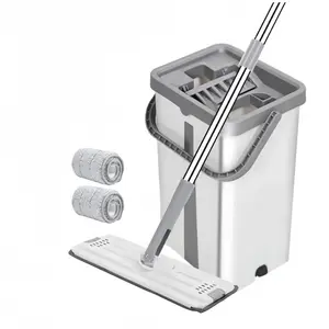 Mop and Bucket with Wringer Set, 2 Counts, Long Handle, Quick Drying, Easy Storage, Water Absorption, Durable Floor Cleaning Tools White