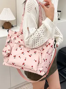 Autumn Winter New Cherry Floral Cute Large Capacity Satchel, Sweet Student Style Crossbody Shoulder Handbag with Coin Pocket, Crossbody Tote Bag, Charming Floral Print