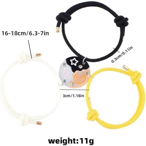 Best Friend Bracelets Set of 3/4, Sun Moon Star Puzzle BFF Split Design, Matching Friendship Magnetic Pendant  for Women & Girls, Trio Gift Idea