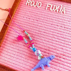 Blue dino Original designe and exclusive onewith pompom shiny and bright necklace with beads Plastic Fabric