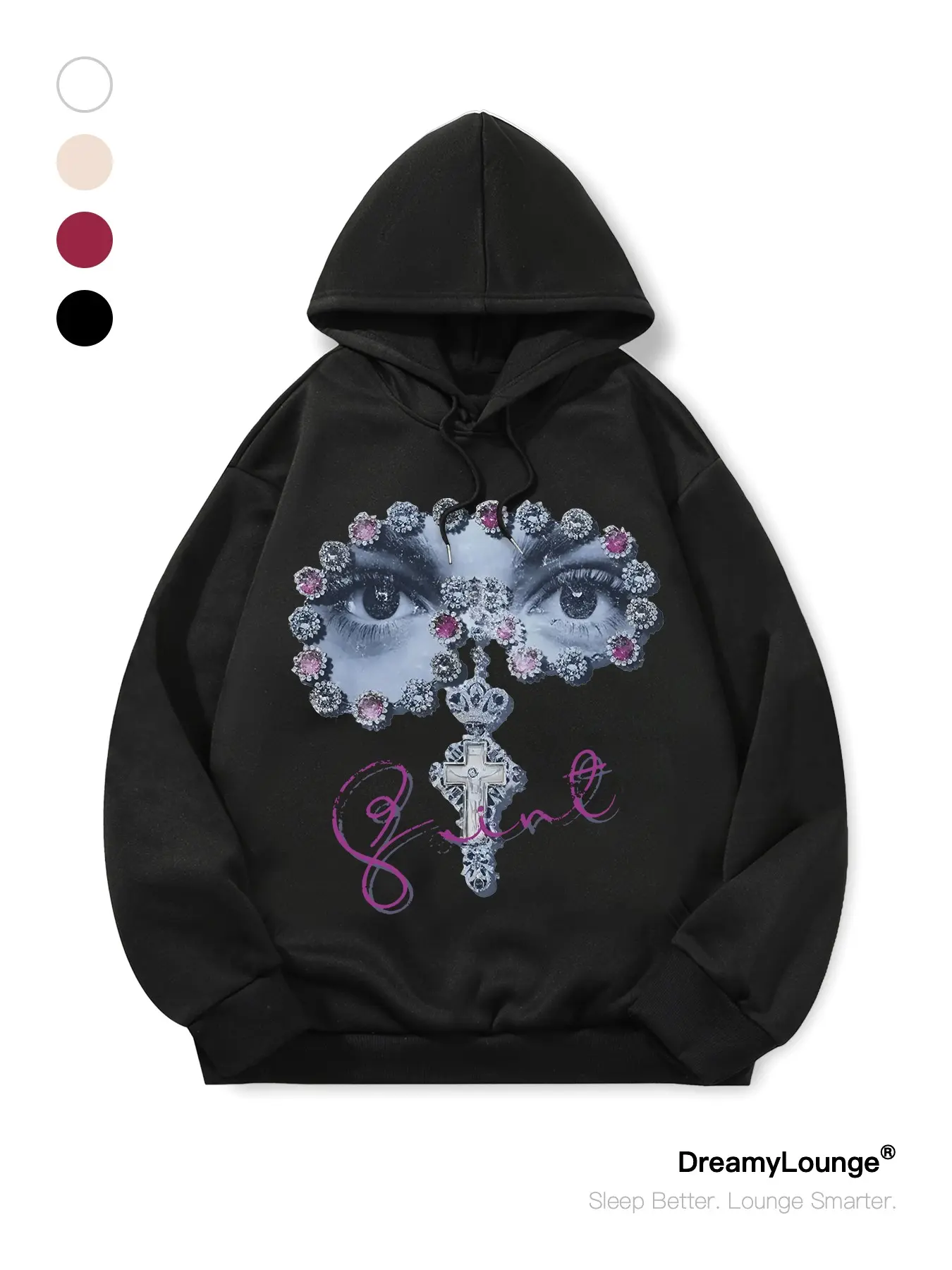 Dark Eye Makeup Cross Sapphire Print Hoodie, High Street Artistic Loose Fit Sweatshirt, Casual Home Wear, Multiple Colors Available