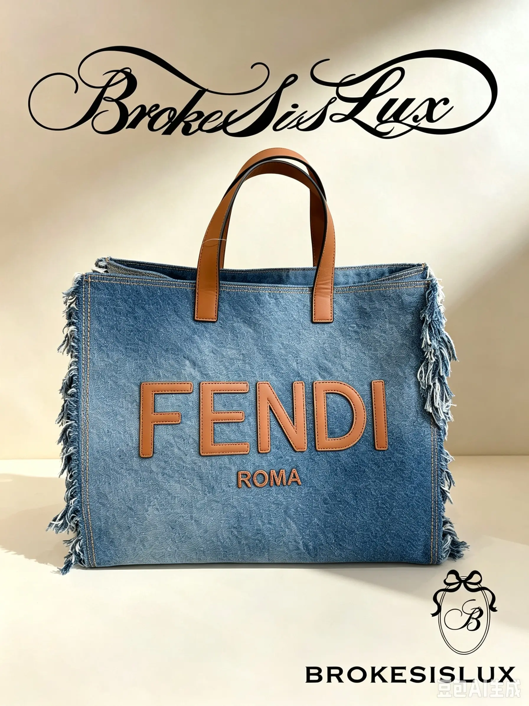 Pre-owned FENDI Sunshine Large Shopper Tote in Blue Denim with Frayed Edges & Brown Leather ROMA Appliqué