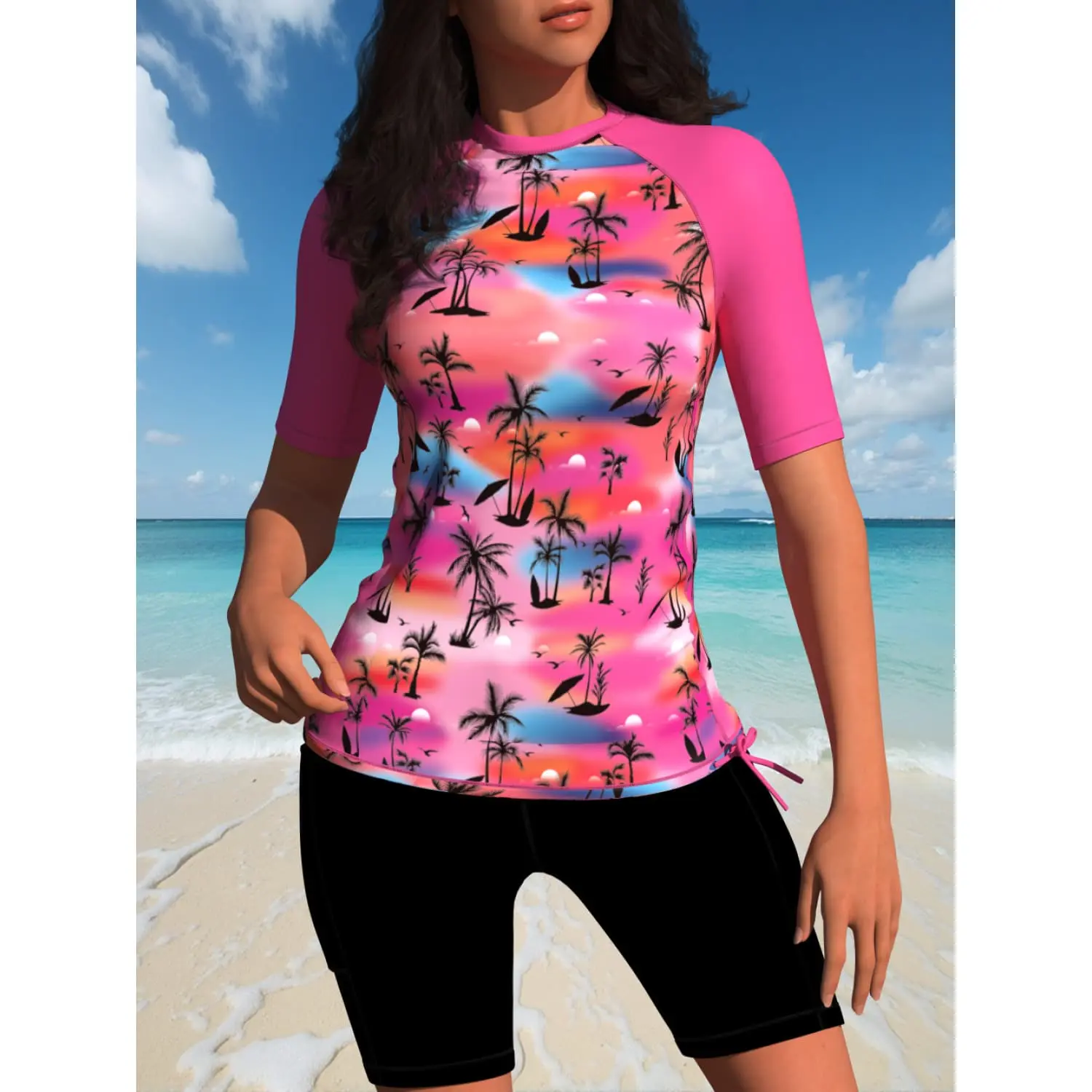 Women's Rash Guard Pink Palm Print - UPF 50+ Sun Protection Shirt, Long Sleeve Swim Top Water, Quick-Dry Active Tee