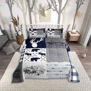 Camping Comforter Set,Deer Bear Bedding Set,Rustic Buffalo Plaid Patchwork Down Comforter,Bedroom Lodge Woodland Wildlife Duvet Sets