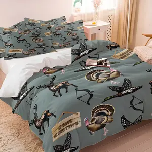 Hunting Wildlife Print 3-Piece Duvet Cover Set, Ultra-Soft Microfiber Bedding with 1/2 Pillowcases (No Insert), Rustic Cabin Style Bedding for Bedroom Dorm Decor