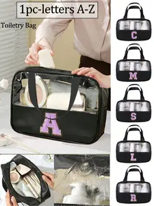 Towel Makeup Bag with A-Z Letter Embroidery, Waterproof Zipper Closure, Handle Design, Ideal for Students, Travel, Beach
