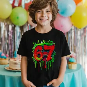 Young Boy's Retro Graffiti Drip 2026 Six Seven Shamrocks St Patrick's Lucky Irish Shamrock Graphic Cotton T-Shirt KD10269456 Black Tee for Kids