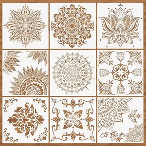 9 Pcs Mandala Stencils for Painting, 12x12 Inch Reusable Large Layering Stencils for Crafts Painting on Wood Floor Window Mothers Day Gifts Art Scrapbook Drawing Decoration