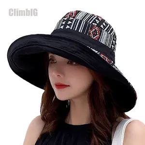 Women UPF 50+ Bohemian Ethnic Style Wide Brim Bucket Hat, Face Covering UV Protection Foldable Packable Spring Summer Travel Vacation Beach Sun Hat
