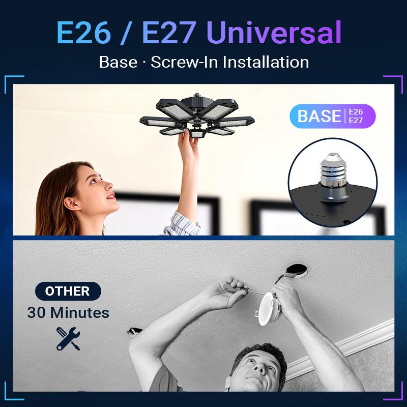 【2-Pack】FOLDABLE GARAGE LIGHT 600W 60000LM Deformable Bright Shop Ceiling Bulb Lamps E26/E27 6500k Barn Warehouse Garage Foldable 7+1 Panel Work Light Super Bright Illumination Easy Installation