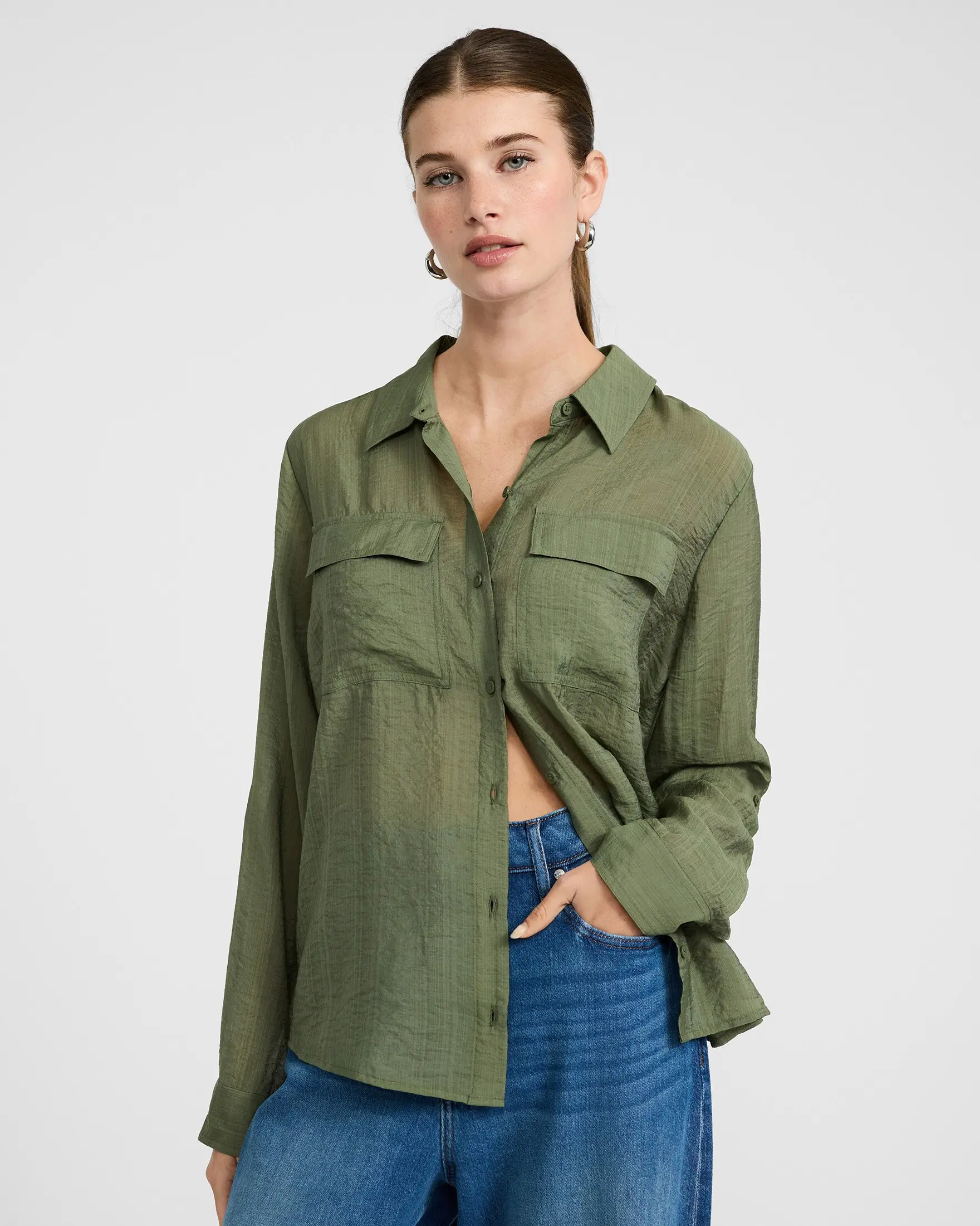 Express Crinkled Rayon Voile Rolled Sleeve Utility Portofino Shirt, Blouse, Collared, Crinkled Texture, Flap Pockets, Roll Button, Utility Look