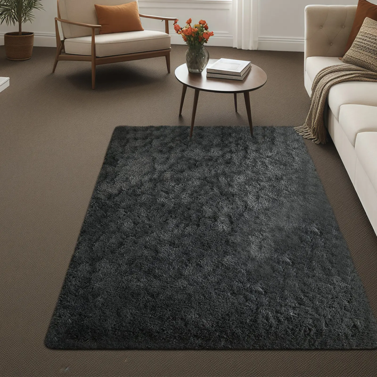 Charcoal Gray Long Pile Plain Shaggy Area Rug - Non-Slip, Ultra Plush, Cloud-Like, Fluffy Bedroom, Furry Soft, Soft Thick for Modern Living Room & Bedroom Use, Multiple Sizes, Fluffy Bedroom Rug, Furry Soft Rugs