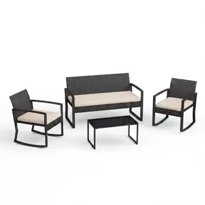4 Piece Patio Furniture Set, PE Rattan Outdoor Rocking Chair Conversation Set with Coffee Table for Patio, Porch, Backyard