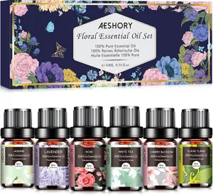 Floral Essential Oils Set - 6x10ML Fragrance Oil for Diffusers, Massage, Aromatherapy, Candle Making - Lavender, Rose, White Tea, Jasmine, Ylang-Ylang, Cherry Blossom Scented Oil Healthcare Healthy Wellness Therapeutic Solution Fitness Treatment Natural